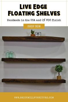 live edge floating shelves with text overlay