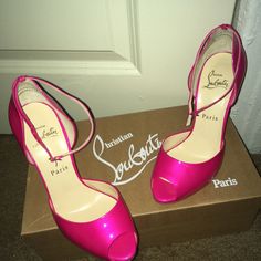 Nwot Christian Louboutin Sexy Hot Pink Stilettos With Ankle Strap. Never Worn New In Box. Size 7 Patent Leather Claudia Stiletto. Designer Open Toe Heels, Designer Open Heel Fitted Heels, Designer Fitted Heels With Wrapped Heel, Designer Heels With Wrapped Heel And Fitted Design, Designer Fitted Heels For Cocktail, Designer Heels For Night Out, Designer Fitted Heels For Party, Pink Stilettos, Louboutin Shoes