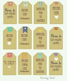 some tags with different designs on them and the words in spanish are also available for purchase