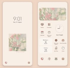 two iphone screens with flowers on them, one showing the time and the other showing the date