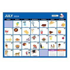 the july calendar is filled with food and drink items for kids to learn how to use it