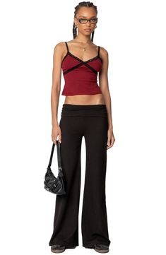 Give laid-back vibes in this stretch-cotton cami that has floral-lace trim. V-neck Adjustable straps 95% cotton, 5% spandex Machine wash, dry flat Imported Cold Weather Shoes, Cropped Camisole, Burgundy Top, Burgundy Lace, Lace Crop Tops, Fashion Icon, Denim Jumpsuit, Swimsuit Cover, Cami Tanks