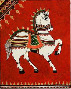 a painting of a white horse on a red background with gold trimmings and designs