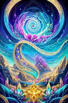 a painting of a blue and purple swirl with stars in the sky, surrounded by mountains