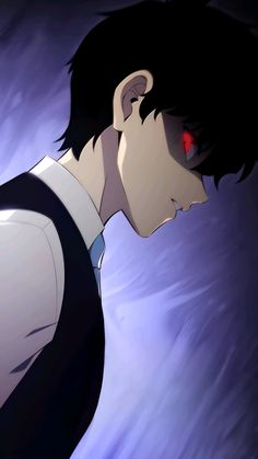 an anime character with black hair and red eyes looking at something in the distance while wearing a white shirt