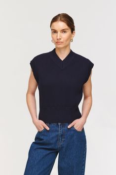 Marina | V Neck Tank in Navy | ALIGNE Spring Ribbed V-neck Vest, V-neck Knit Vest For Work, Stretch Ribbed V-neck Sweater Vest, V-neck Knit Vest Top For Layering, Ribbed V-neck Top For Workwear, Fitted V-neck Ribbed Vest, V-neck Knit Vest For Layering, Fitted Ribbed V-neck Vest, Knit V-neck Vest For Work