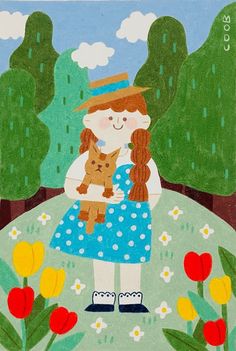 a painting of a girl holding a dog in a field with flowers and trees behind her