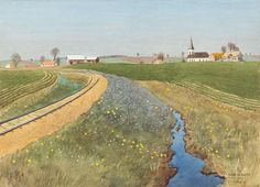 an oil painting of a rural landscape with flowers on the grass and a river running through it