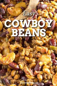 an easy cowboy bean casserole recipe with text overlay