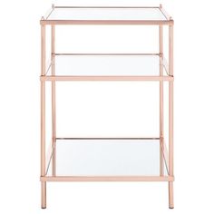 a pink metal and glass shelf with two shelves on each side, against a white background