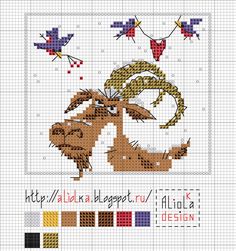 a cross stitch pattern with an image of a dog and two birds flying over it