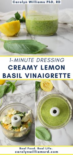 the recipe for creamy lemon basil vinaigrette is shown in three different pictures