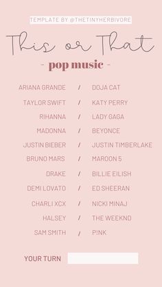 a pink poster with the words pop music on it