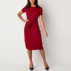 Go from day to night in this women�s midi shift dress from R & K Originals. Featuring a beautiful textured red fabric, this midi-length dress has a round neck, short sleeves and a tie at the waist to accentuate your figure. Wear it with a pair of heels for a tailored look. Neckline: Round NeckSleeve Length: Short SleeveSleeve Style: Fitted SleeveApparel Length: 43 InchesDress Length: Midi LengthFiber Content: 97% Polyester, 3% SpandexFabric Description: JacquardCare: Machine Wash, Line DryCountr Red Solid Color Midi Dress For Date Night, Red Short Sleeve Dress With Tie Waist, Red Solid Workwear Dress, Red Midi Dress With Tie Waist, Solid Color Shift Midi Dress For Work, Red Shift Knee-length Dress, Red Midi Dress For Workwear, Red Shift Dress, Knee-length, Red Knee-length Shift Dress