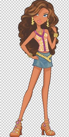 a cartoon girl with long brown hair wearing high heels and a colorful top, standing in front of a white background