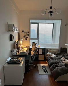 a bed room with a neatly made bed next to a window and a desk in the corner