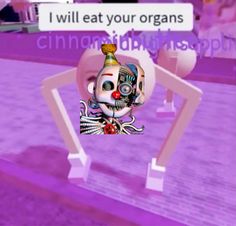 an animated image of a creepy clown holding a bottle with the caption i will eat your organs