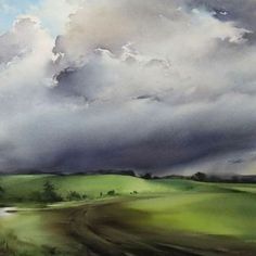 an oil painting of clouds over a green field