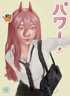 a woman with pink hair and horns holding a black bag in her hand while wearing a white shirt