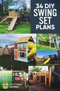 the instructions for how to build a wooden swing set with slides, swings and slides