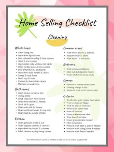 the home selling checklist is shown on a pink background