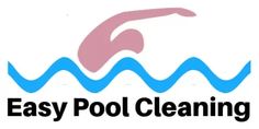 the easy pool cleaning logo is shown in pink and blue waves, with an image of a