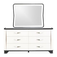 a white dresser with a black top and mirror on it's side, in front of a white background