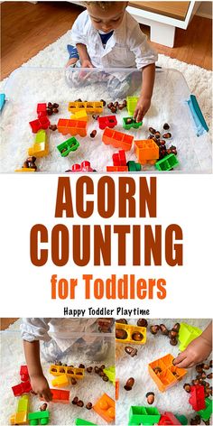 a toddler playing with legos on the floor and in front of him is an ad for acorn counting for toddlers