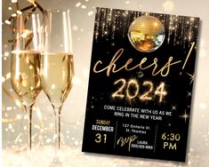 a black and gold new year's eve party card with champagne glasses on it