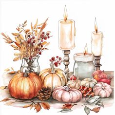 a watercolor painting of pumpkins, candles and other autumn decorations on a table