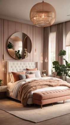 a bedroom with a bed, mirror and plants in the corner on the wall behind it