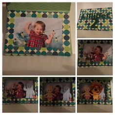 four pictures of a baby in a green and white box with polka dot border around it