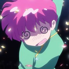 an anime character with pink hair and blue eyes looking at something in the air while surrounded by confetti