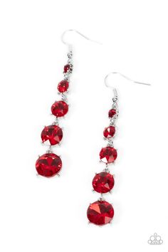 Encased in pronged silver fittings, a dramatic display of fiery red rhinestones gradually increase in size as they trickle from the ear for a timeless look. Earring attaches to a standard fishhook fitting. Sold as one pair of earrings. Red Earrings Dangle, Red Rhinestone Earrings, Red Necklace, Fiery Red, Jewelry Images, Paparazzi Accessories, Red Earrings, White Rhinestone, Red Rhinestone