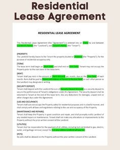 the residential lease agreement is shown in green and black, as well as an image of a