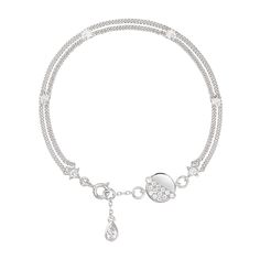 Crafted with precision, this sterling silver bracelet intertwines tradition with contemporary flair. Its double-chain design, anchored by twin crosses, exudes timeless sophistication. The central moon eclipse disk, adorned with radiant zirconia stones, mirrors a night sky ablaze with stars. The adjustable clasp, both functional and stylish, promises a bespoke fit for the discerning wearer. Sterling Silver White Gold Diamond Chain Bracelet, Sterling Silver Diamond Bracelet With Chain In White Gold, White Gold Sterling Silver Diamond Bracelet With Chain, White Gold Diamond Bracelet With Chain In Sterling Silver, Timeless Silver Diamond Chain Bracelet, Elegant Diamond Bracelet With Silver Chain, Elegant Diamond Bracelet With Silver Chain In White Gold, Silver Double Strand Diamond Jewelry, Elegant Silver Bracelet With Satellite Chain