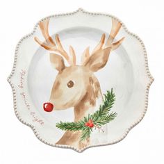 a white plate with a deer painted on it