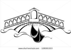 a drawing of a bridge over water with a boat in the middle and an arch above it