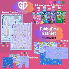 various bath products are displayed in front of a pink background with the words tubby time bath