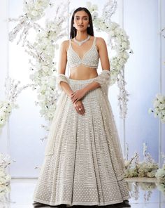 Grey Pearl Lehenga Set | Seema Gujral | Panache by Sharmeen Crystal Lehenga, Pearl Lehenga, Grey Lehenga, Seema Gujral, Sangeet Outfit, Desi Outfits, Reception Lehenga, Indian Outfits Lehenga, Net Lehenga