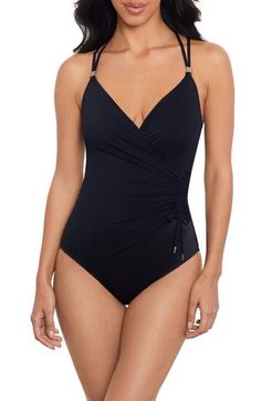 Sleek and sophisticated, this cinched swimsuit features allover support, gleaming hardware and adjustable straps for a personalized fit. Adjustable straps Full back coverage Lined 68% nylon, 32% spandex Hand wash, line dry Imported Elegant Swimwear With Adjustable Straps, Elegant Fitted Swimwear With Spaghetti Straps, Elegant Swimwear With Adjustable Straps And Underwire, Elegant Underwire Swimwear With Adjustable Straps, Fitted Swimwear With Wrap-around Straps For Swimming, Elegant One-piece Swimwear With Adjustable Straps, Elegant Swimwear With Adjustable Straps For Swimming, Elegant Nylon Swimwear For Pool, Elegant Fitted Swimwear With Wrap-around Straps