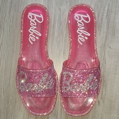 Barbie Jelly Rhinestone Slides /Slipper / Sandals. Us Size 8. Fits Size 7. Pink. Never Worn. Brand New. Trendy Pink Sandals With Rhinestones, Forever 21 Party Sandals In Synthetic Material, Fox Slippers, Cheetah Flats, Short Brown Boots, Fur Loafers, Rhinestone Slides, Unicorn Slippers, Glamorous Hair