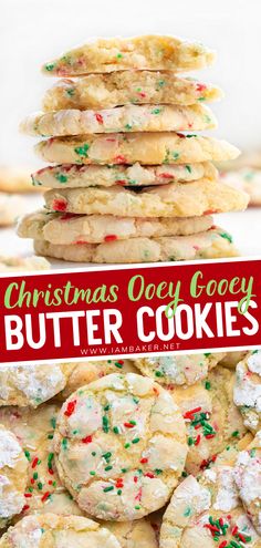 christmas ooey gooey butter cookies stacked on top of each other with the title overlay