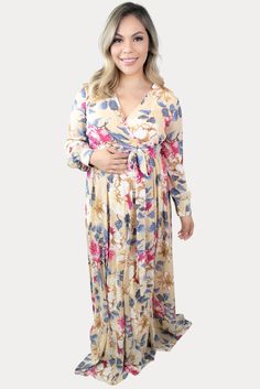 This is the perfect tie-front floral maternity maxi. Features a gorgeous gentle tan, with a standout large floral print. Flowy Long Sleeve Maxi Dress For Maternity, Flowy Long Sleeve Maternity Maxi Dress, Feminine Floral Print Maternity Maxi Dress, Feminine Maternity Maxi Dress With Floral Print, Feminine Floral Print Maxi Dress For Maternity, Maternity Maxi Dress With Long Sleeves For Fall, Maternity Long Sleeve Maxi Dress For Fall, Long Sleeve Maternity Maxi Dress For Fall, Flowy Long Sleeve Maternity Dress For Spring