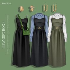 three women's dresses are shown in different colors