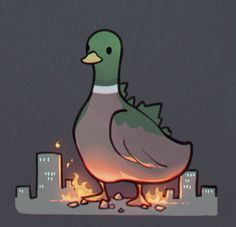 a cartoon duck standing in front of a fire