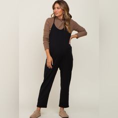 A Solid Hued, Sleeveless Maternity Jumpsuit With A U-Neckline, Front Pockets, And A Cuffed Hem. Final Touch By Pinkblush New Without Tags Inventory #P9844 Black Bib Front Jumpsuit For Work, Maternity Jumpsuit Outfit, Maternity Business Casual, Maternity Work Wear, Pregnancy Dress, Stylish Maternity Outfits, Maternity Outfits, Maternity Jumpsuit, Jumpsuit Outfit