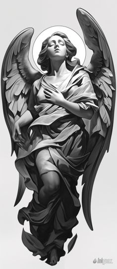 an angel statue is shown in black and white