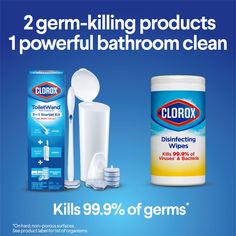 two germ - killing products 1 powerful bathroom cleans kill 99 % of germs