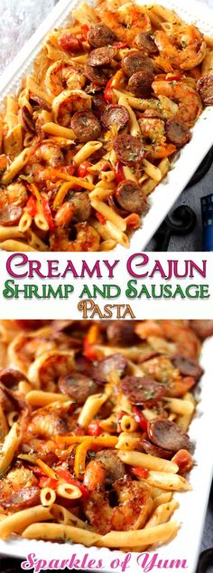 creamy cajun shrimp and sausage pasta in a white casserole dish with text overlay